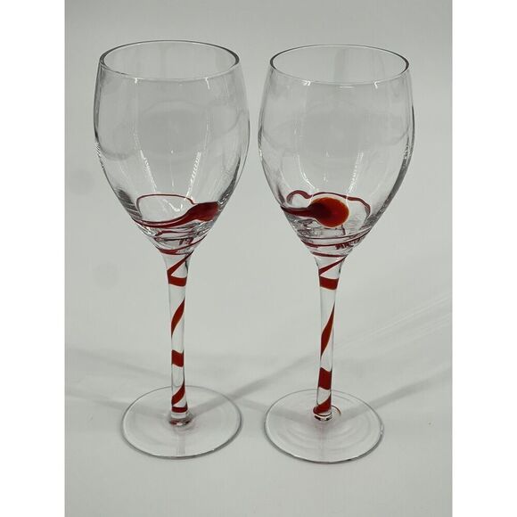 Pier 1 Spiral Stem Drop Swirl Line Red Goblets Mouth Blown Glasses Set of 2 Pair - Picture 1 of 5